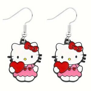 Sanrio Hello Kitty Earrings Enamel Love Heart Dangle Silver Tone Goth Emo Scene